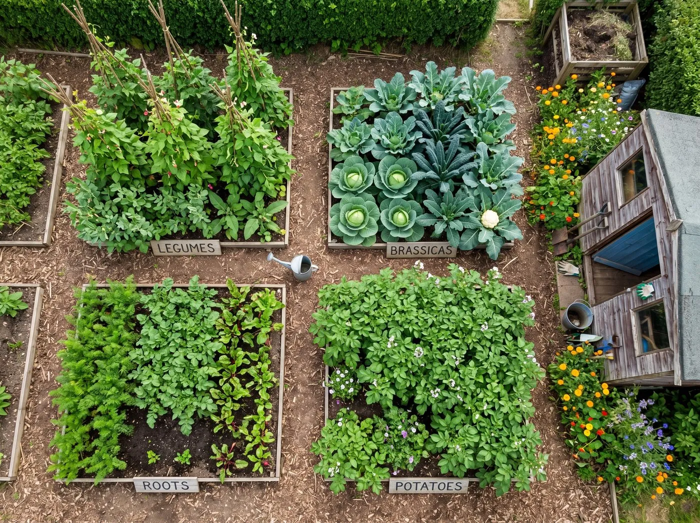 UK allotment top-down photograph showing four rectangular vegetable beds clearly visible in a 4-bed rotation layout, each labelled with a wooden sign reading Legumes Brassicas Roots Potatoes, midsummer growth with bean wigwams in one cabbage in another etc