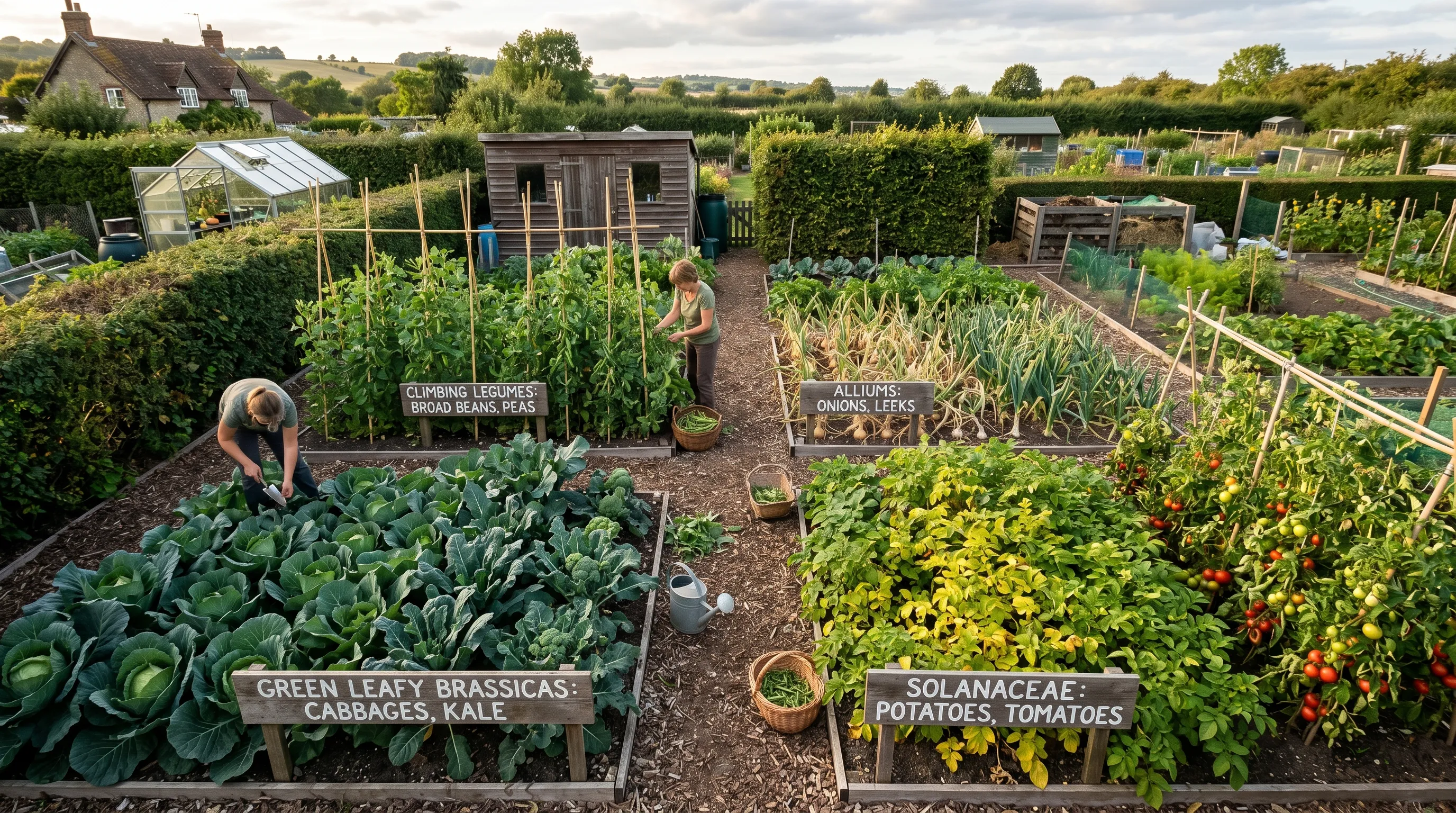UK vegetable garden divided into four distinct sections marked with painted wooden signs showing brassicas, legumes, solanaceae and alliums