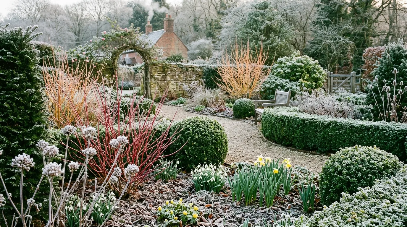 UK four-season garden showing winter structure with evergreens, frost-covered seedheads, and emerging spring bulbs