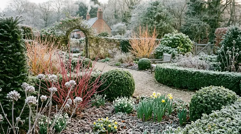 UK four-season garden showing winter structure with evergreens, frost-covered seedheads, and emerging spring bulbs