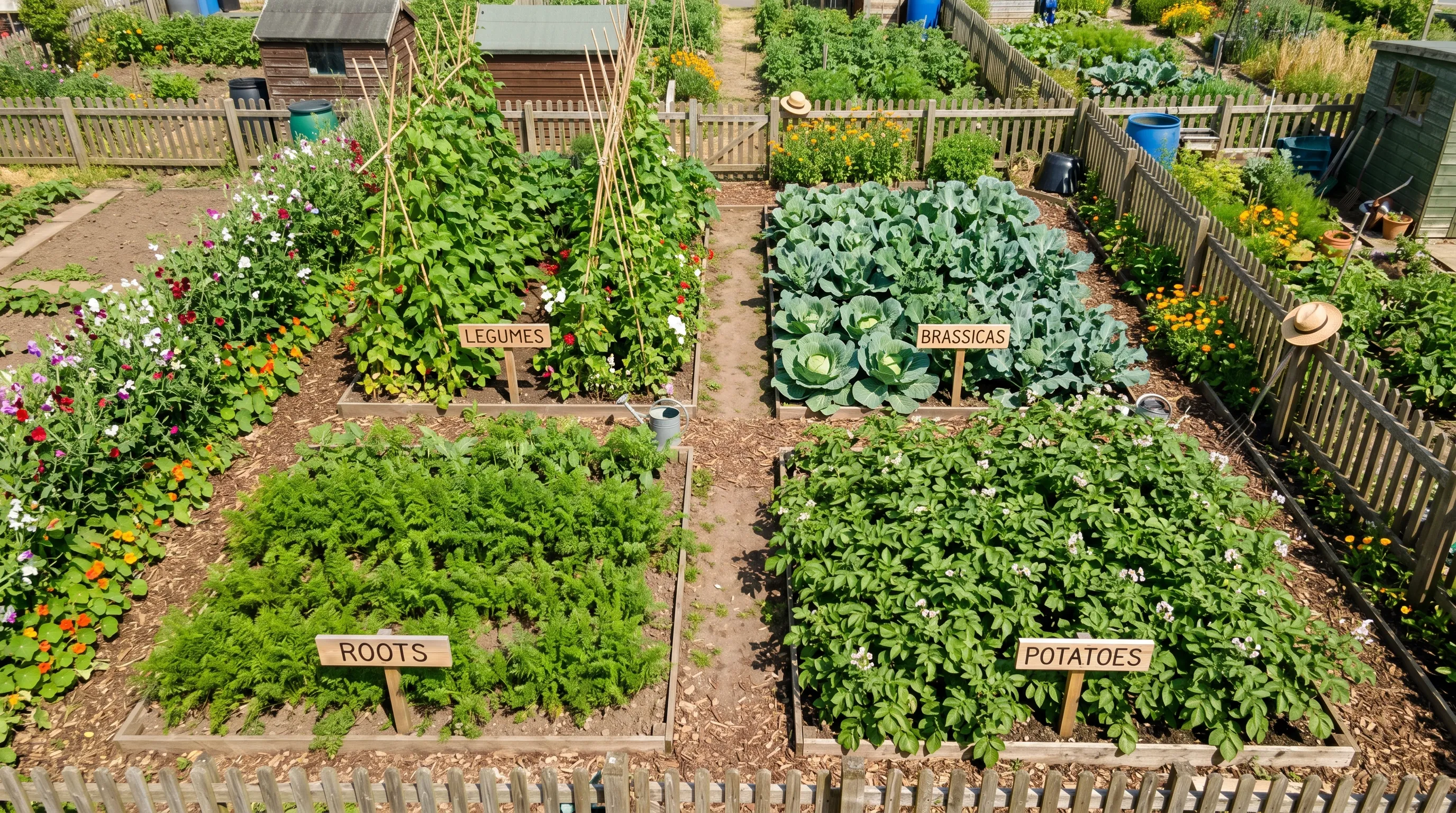 UK allotment laid out in four rectangular beds clearly labelled Legumes, Brassicas, Roots, Potatoes, in summer growth with bean wigwams visible in one bed, cabbages in another, carrot tops in a third and potato haulm in the fourth