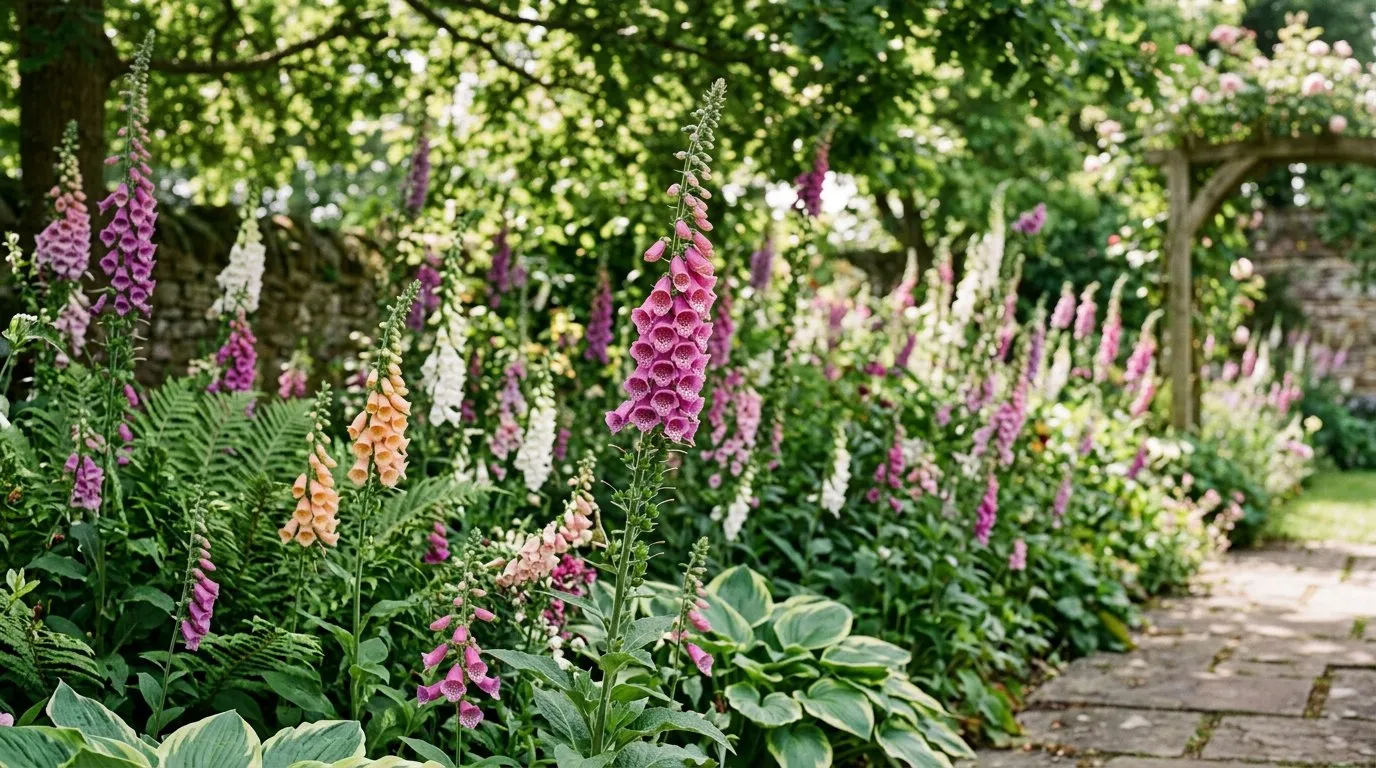 Mixed foxgloves in purple, pink, white and apricot growing in a cottage garden border with ferns and hostas