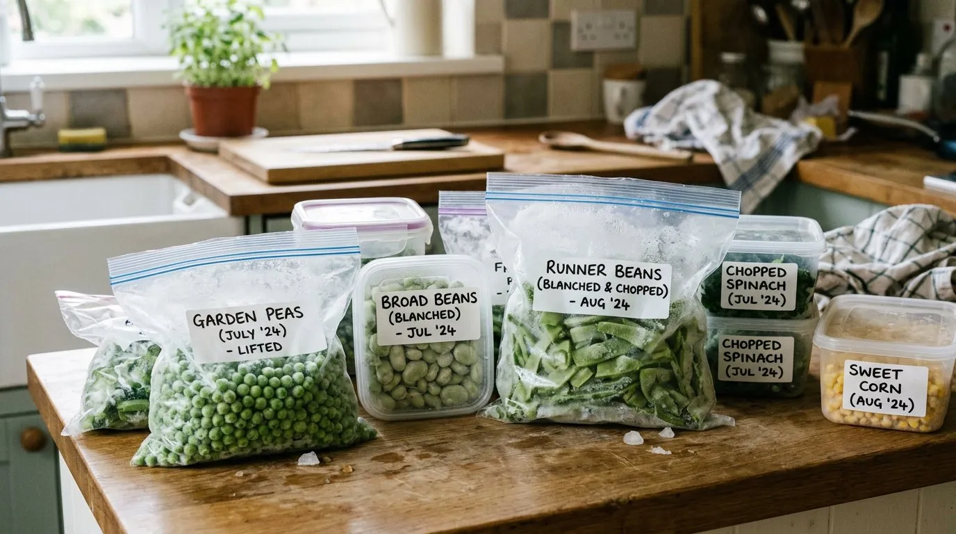 Blanched garden peas and runner beans spread on a tray for open-freezing before bagging