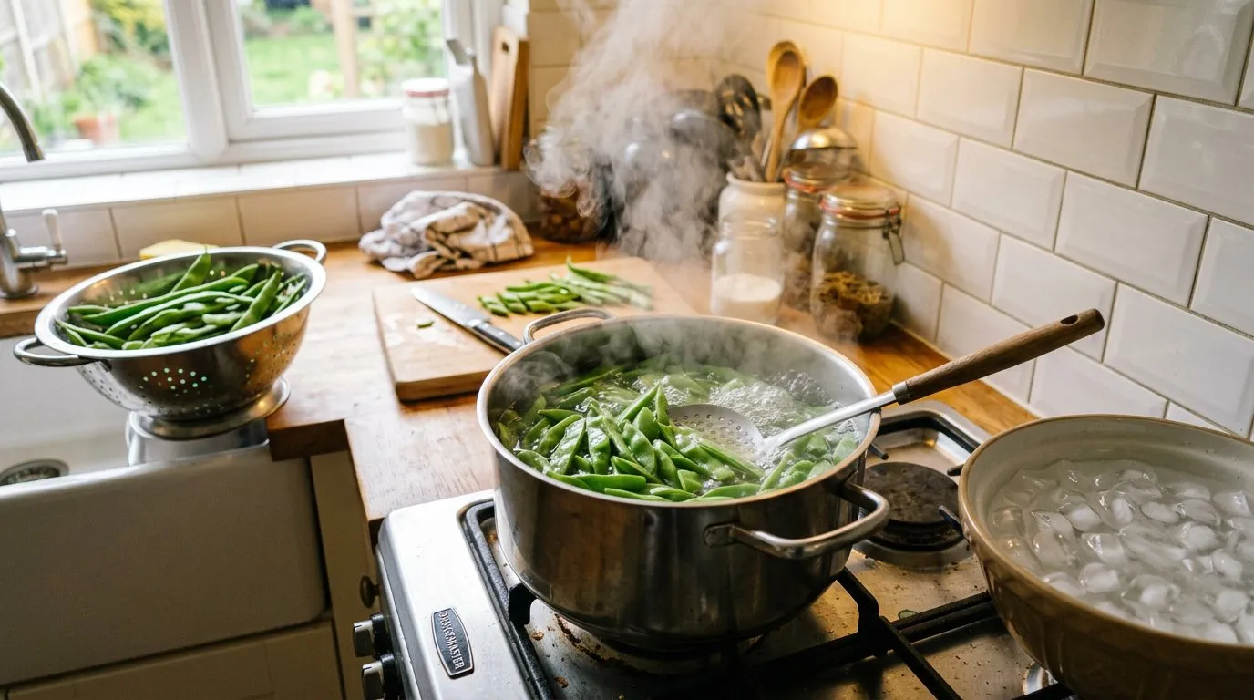 Freezing garden produce: runner beans being blanched before freezing in a UK kitchen