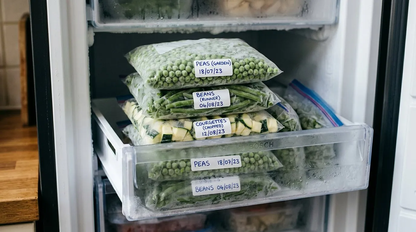 Frozen garden produce in labelled freezer bags stacked in a UK home freezer drawer