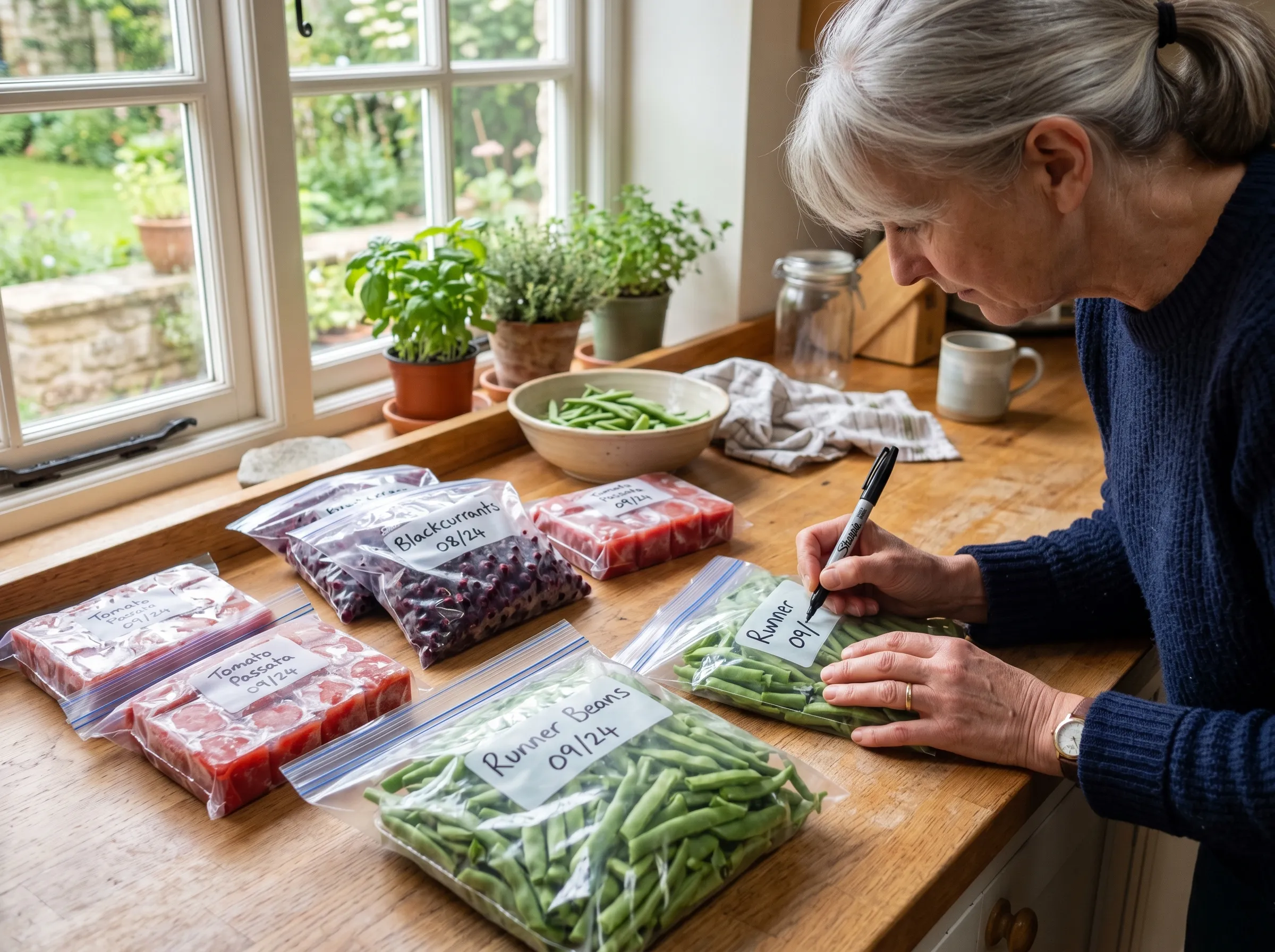 UK kitchen scene showing freezer bags of homegrown runner beans, blackcurrants and tomato passata being labelled with permanent marker - date and contents written clearly on each bag before they go into the chest freezer