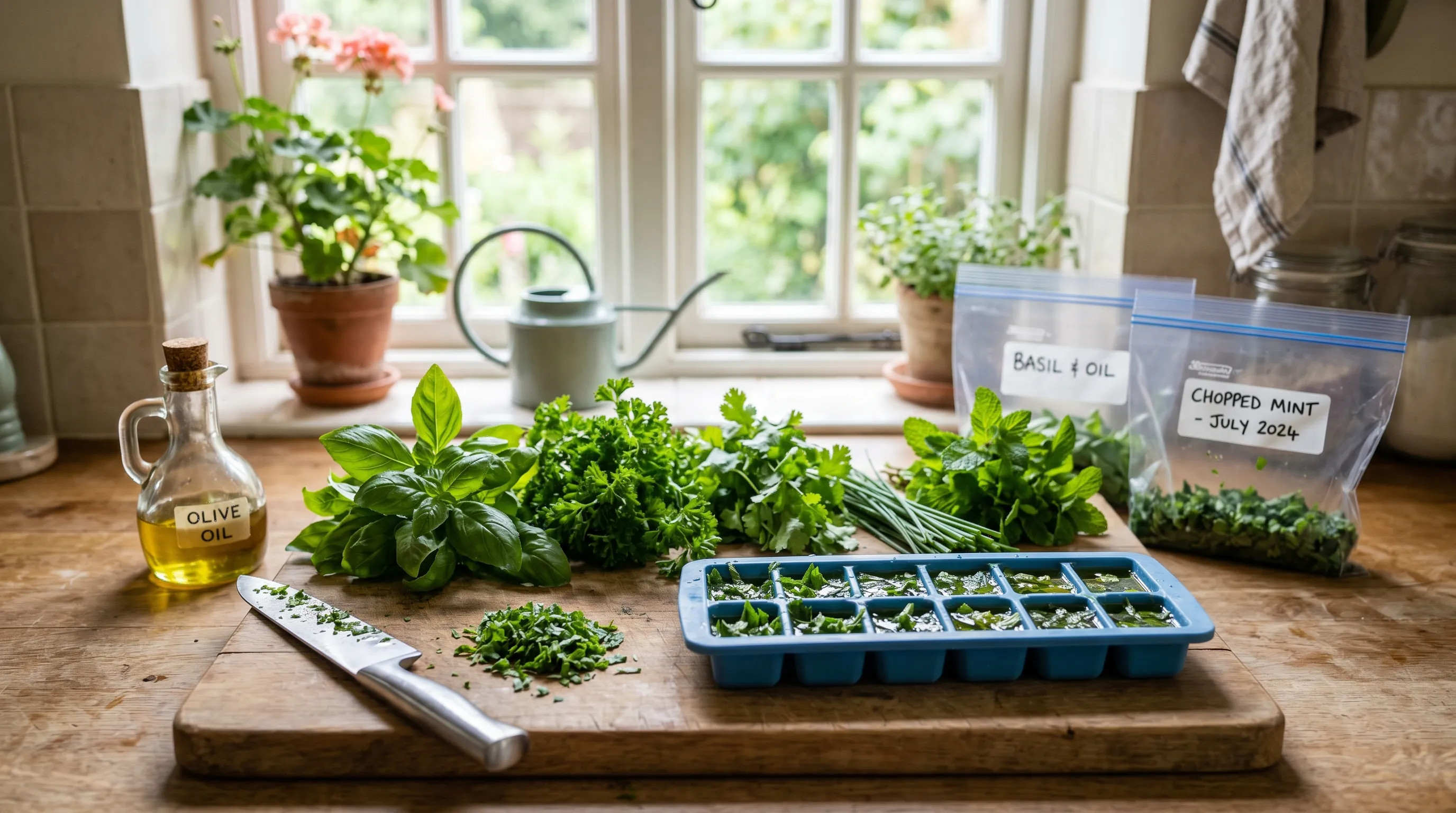 UK kitchen worktop with basil, parsley and coriander being portioned into ice cube trays with olive oil ready for the freezer