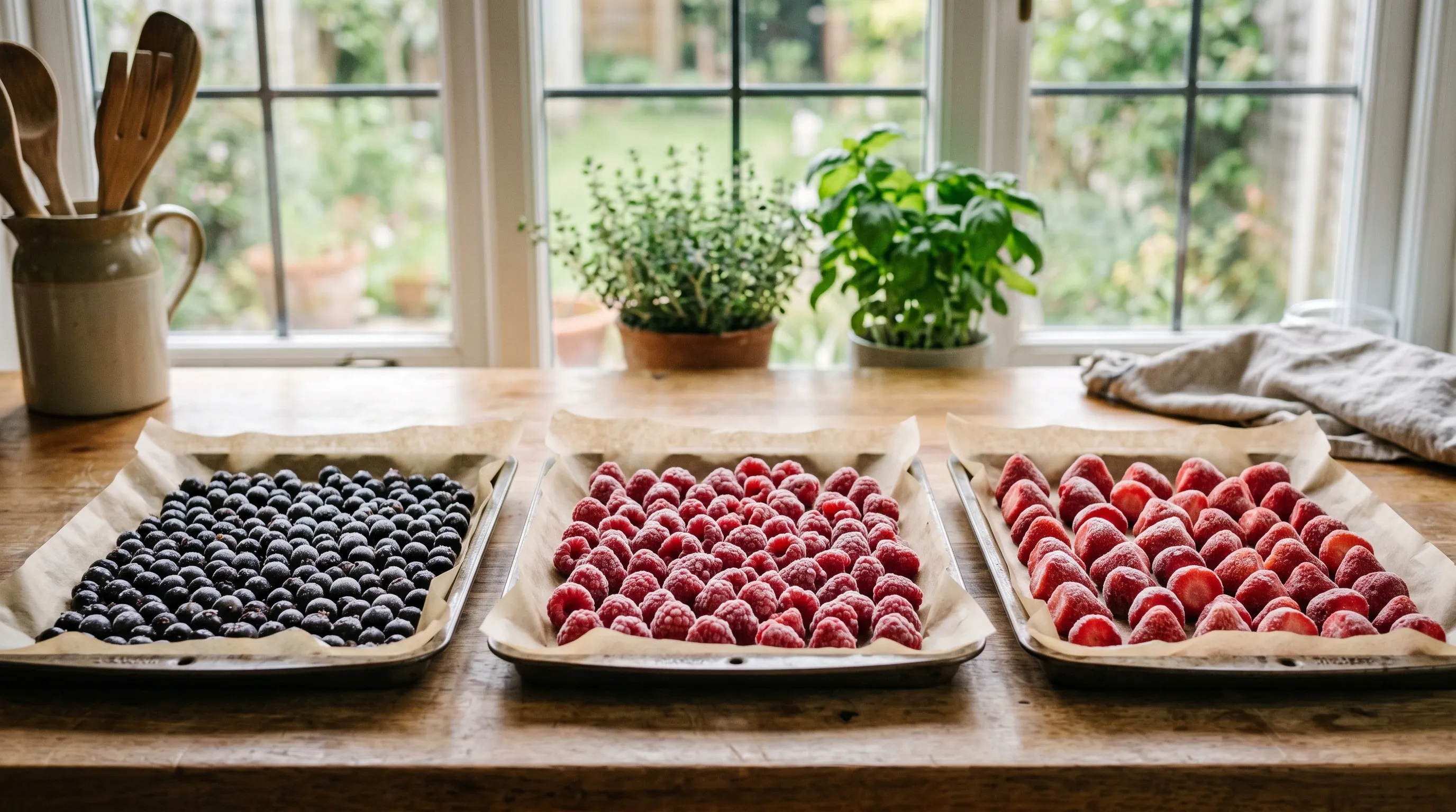 Three UK baking trays of open-frozen fruit on a kitchen worktop: blackcurrants, raspberries and halved strawberries with a light dusting of freezer frost