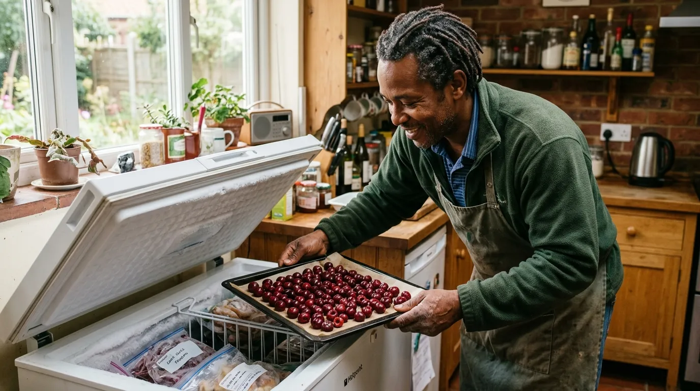 A UK gardener placing a single-layer tray of pitted Morello cherries into a chest freezer for the open-freeze stage before bagging