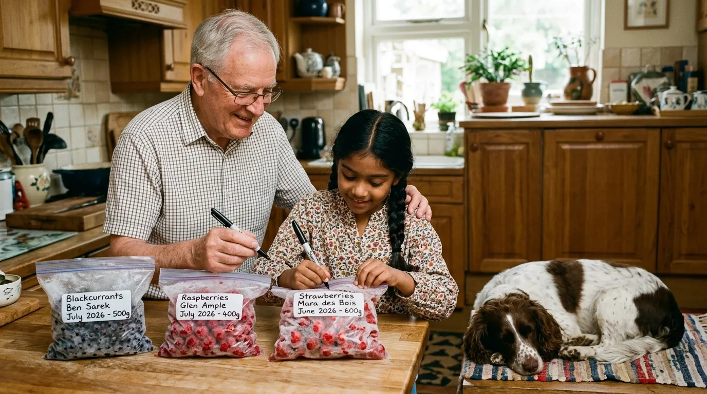 A row of labelled freezer bags on a UK kitchen worktop with two family members writing labels by hand and a sleepy spaniel dog at their feet