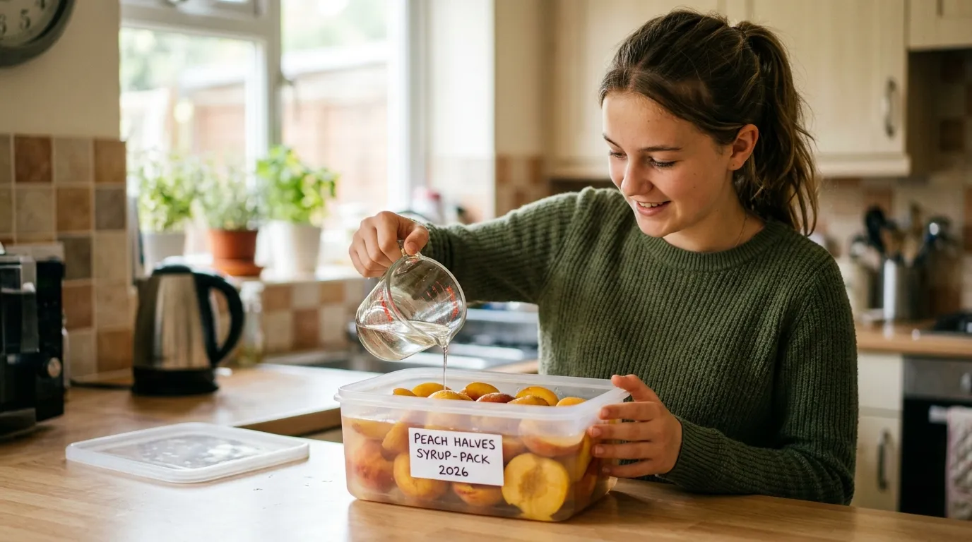A teenage UK gardener pouring thin sugar syrup over halved peaches inside a freezer-grade tub labelled 'Peach halves syrup-pack 2026' on a kitchen worktop