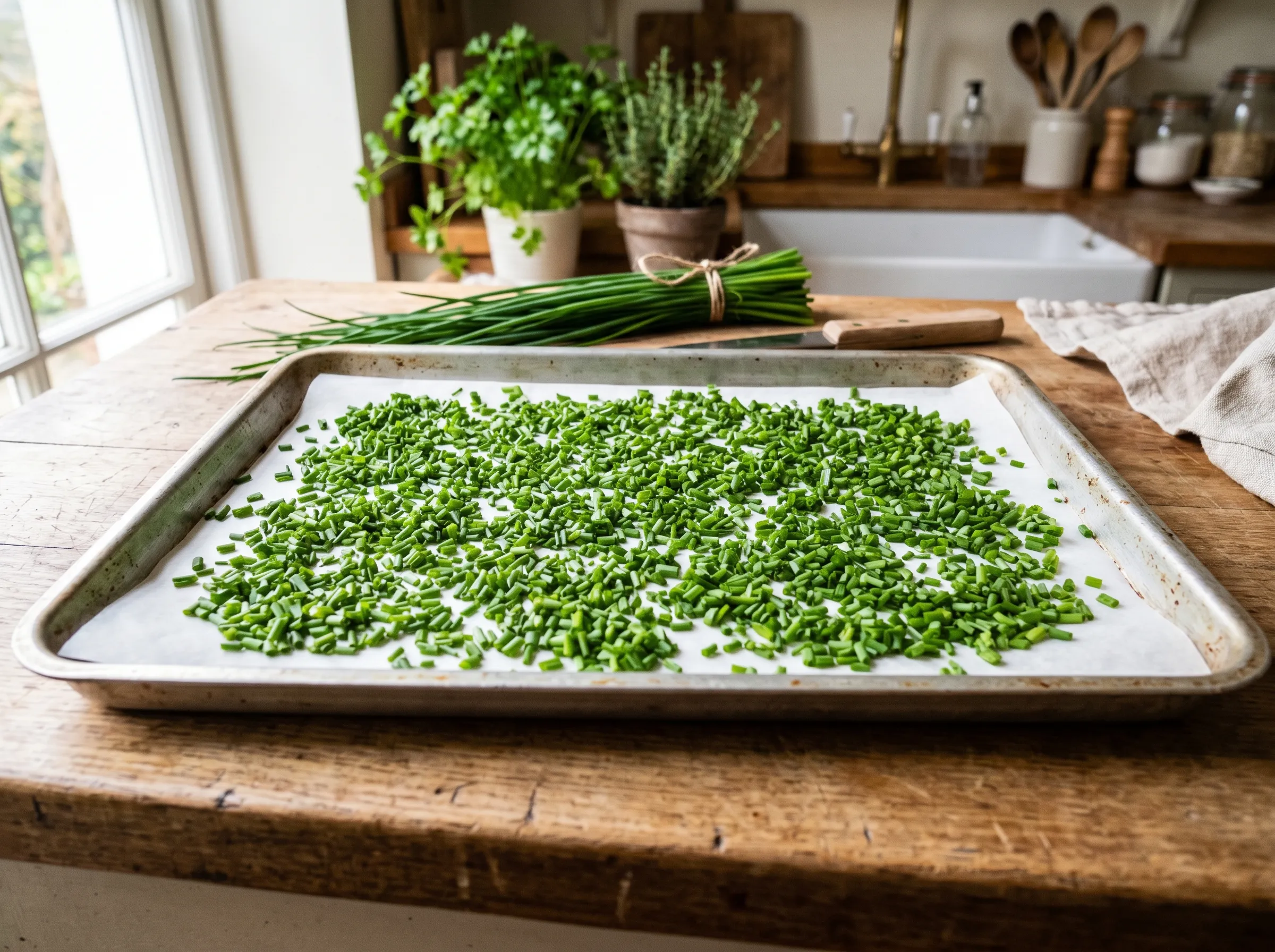 UK baking tray covered in evenly spaced chopped chives ready for flash-freezing, the bright green pieces in a single layer on white parchment paper