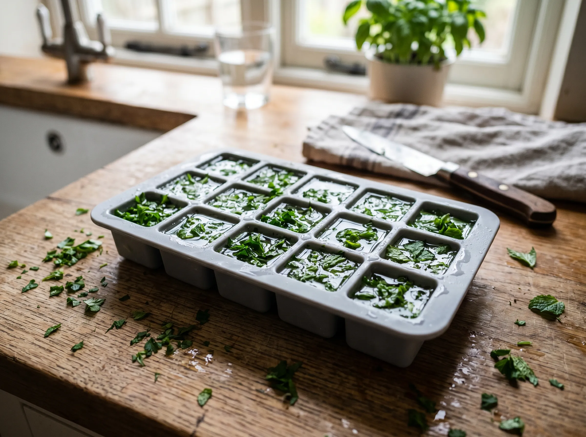 UK kitchen ice cube tray filled with chopped parsley and mint topped with water ready for the freezer, the bright green herbs visible through clear plastic compartments
