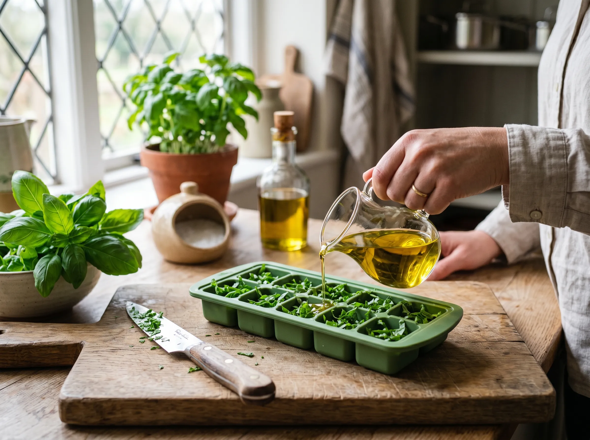 UK kitchen scene with chopped fresh basil leaves being packed into a silicone ice cube tray topped with olive oil, a glass jug of golden oil and a bunch of basil on a wooden worktop