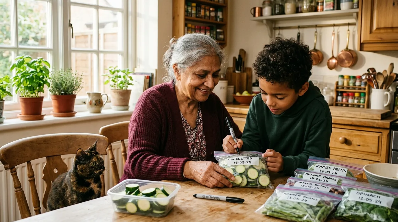 Elderly Indian-British grandmother and her young grandson labelling freezer bags filled with frozen courgette slices and runner beans, tortoiseshell cat watching on a kitchen chair, warm UK kitchen daylight