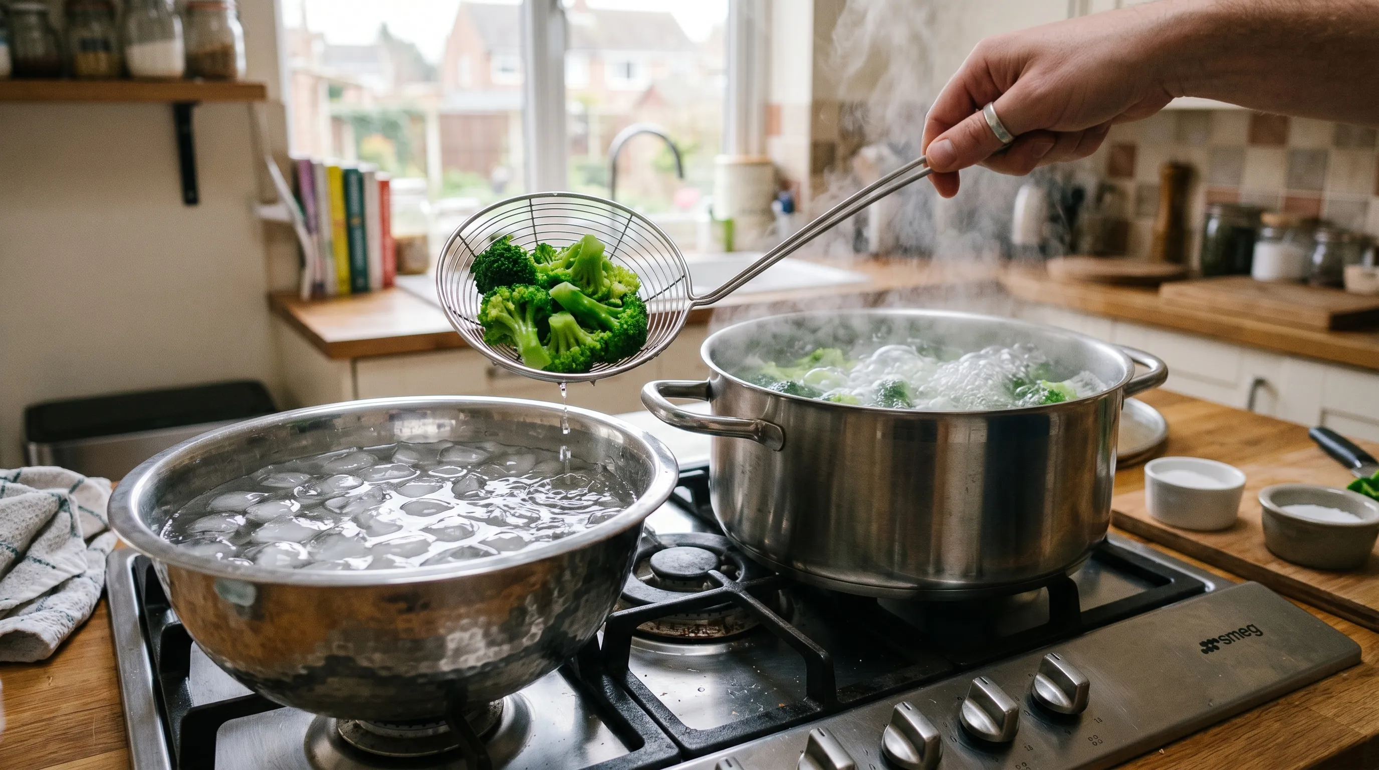 UK kitchen scene with a pot of boiling water, a bowl of iced water and a wire spider scoop lifting broccoli florets from the blanch to the ice bath