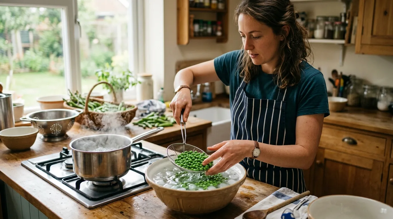 UK gardener plunging a wire spider scoop full of garden peas into a bowl of iced water beside a steaming pan of boiling water, kitchen daylight