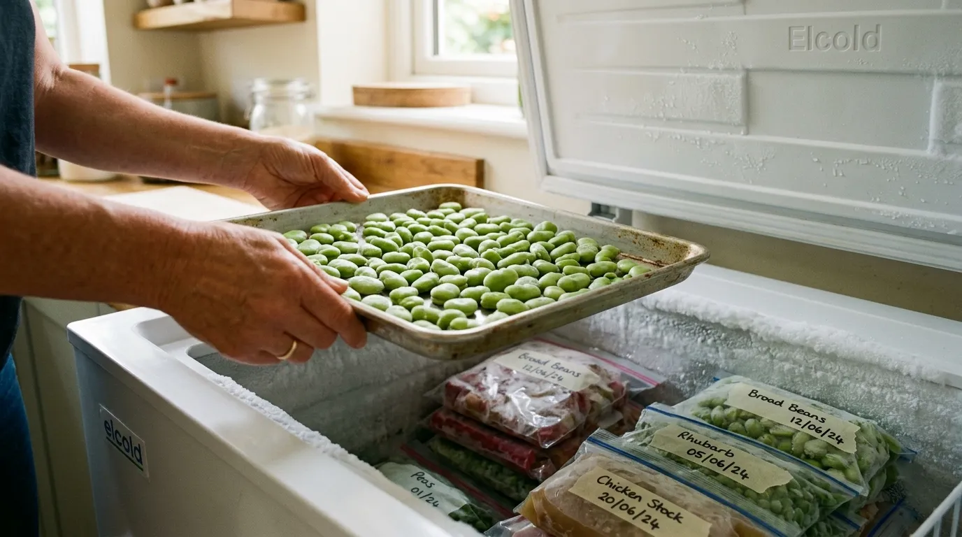 Metal baking tray covered in single-layer broad beans being placed into a UK chest freezer with frost visible around the interior