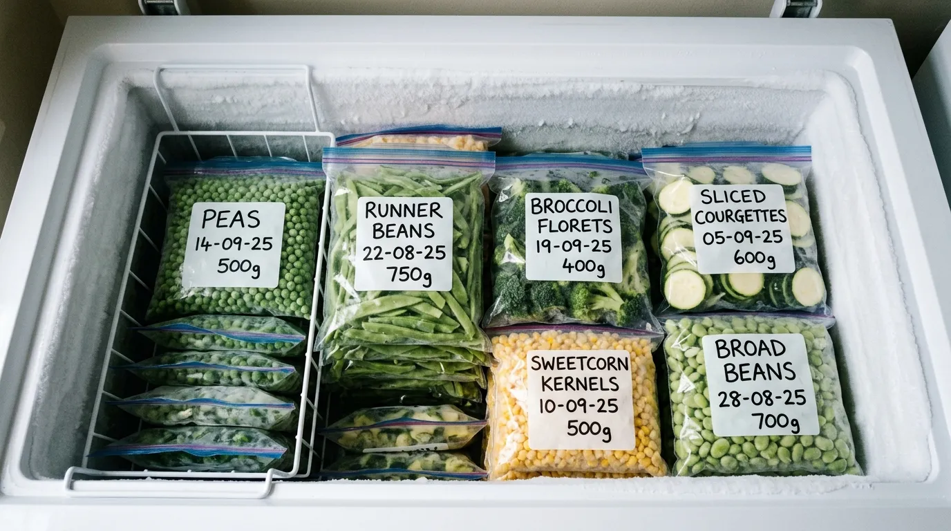Well-organised UK chest freezer interior with stacked labelled bags of peas, beans, broccoli, courgettes, sweetcorn and broad beans, each labelled with date and weight