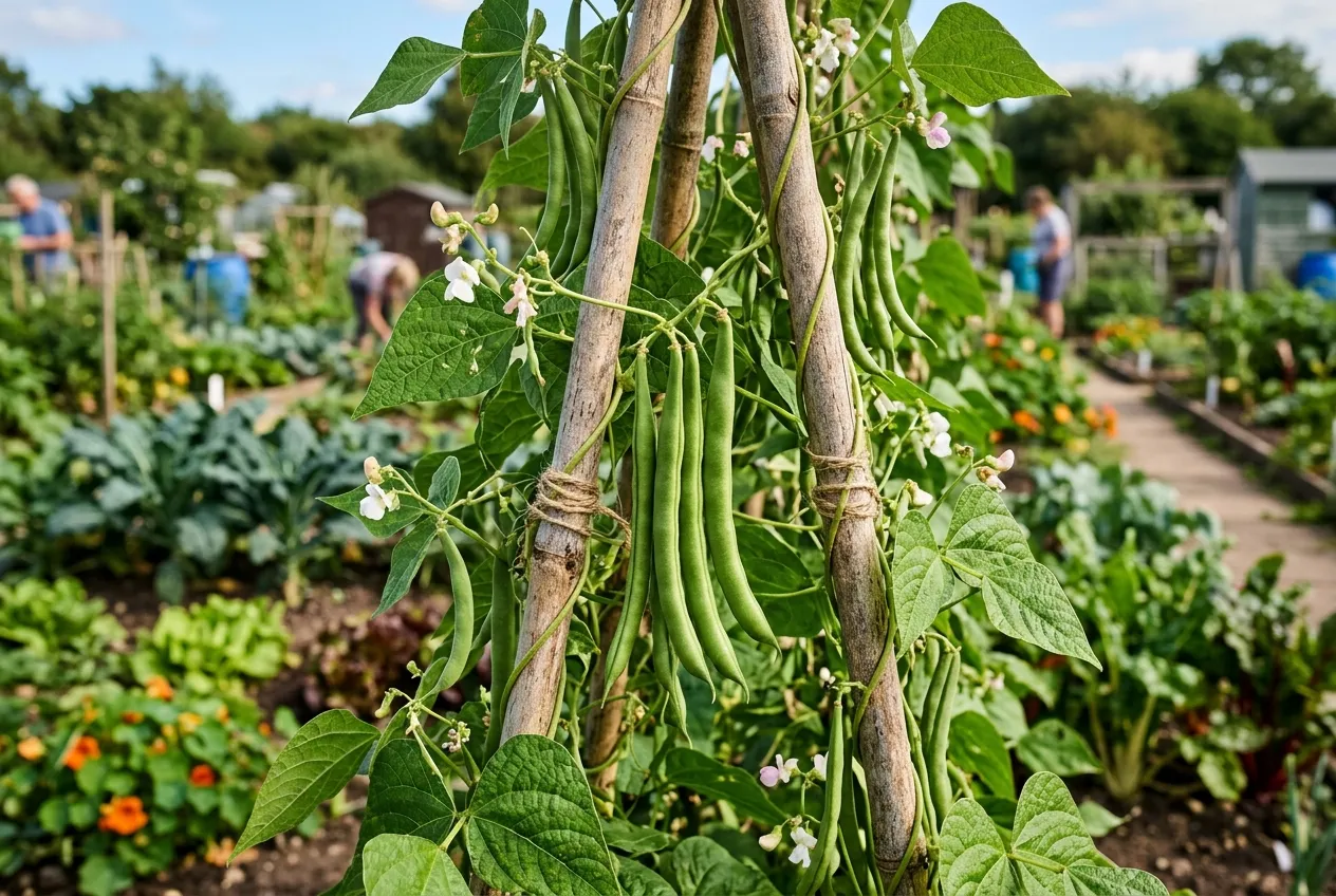 Climbing French beans growing on a bamboo cane wigwam on an allotment