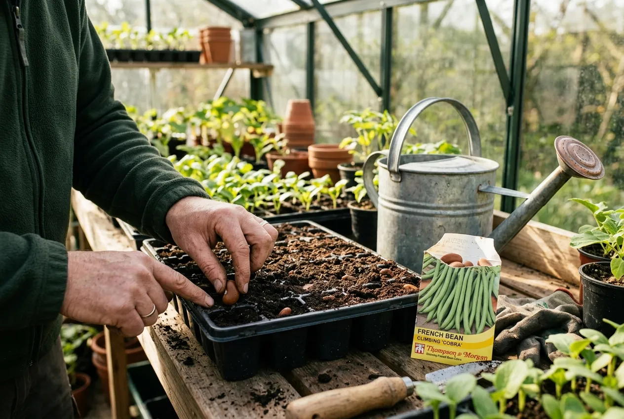 French bean seeds being sown into modules in a greenhouse in spring