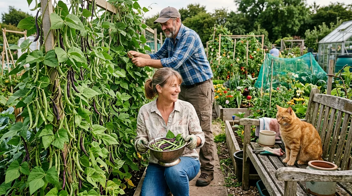 Grow French beans UK showing harvest of green and purple bean varieties on an allotment