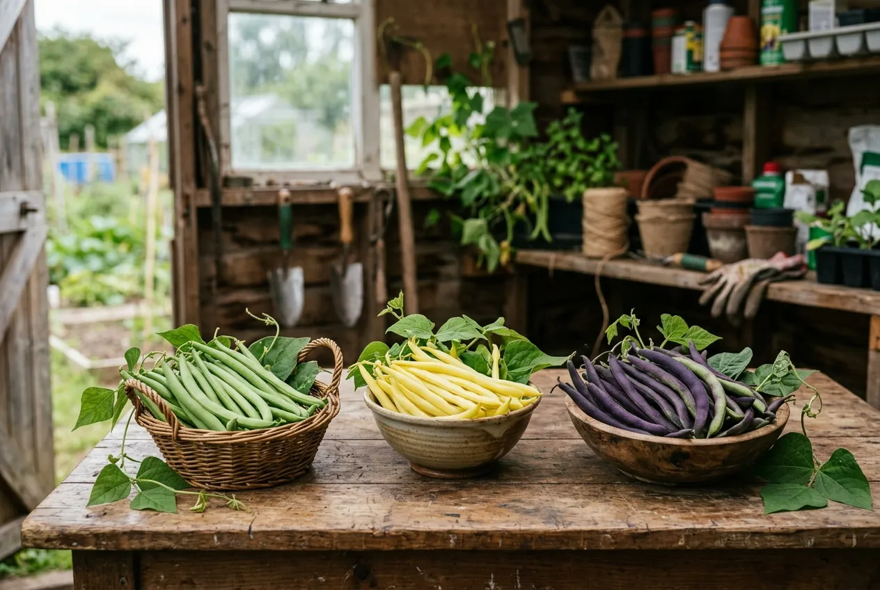 Green Cobra beans, yellow wax beans, and purple Blauhilde French beans displayed on a wooden table