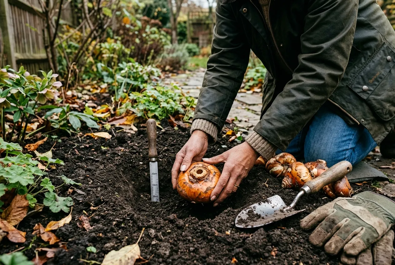 Fritillaria bulbs being planted on their side in autumn soil in a UK garden