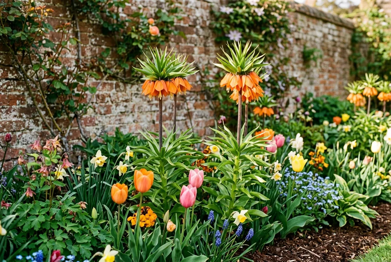 Crown Imperial fritillaria with orange bells in an English cottage garden border
