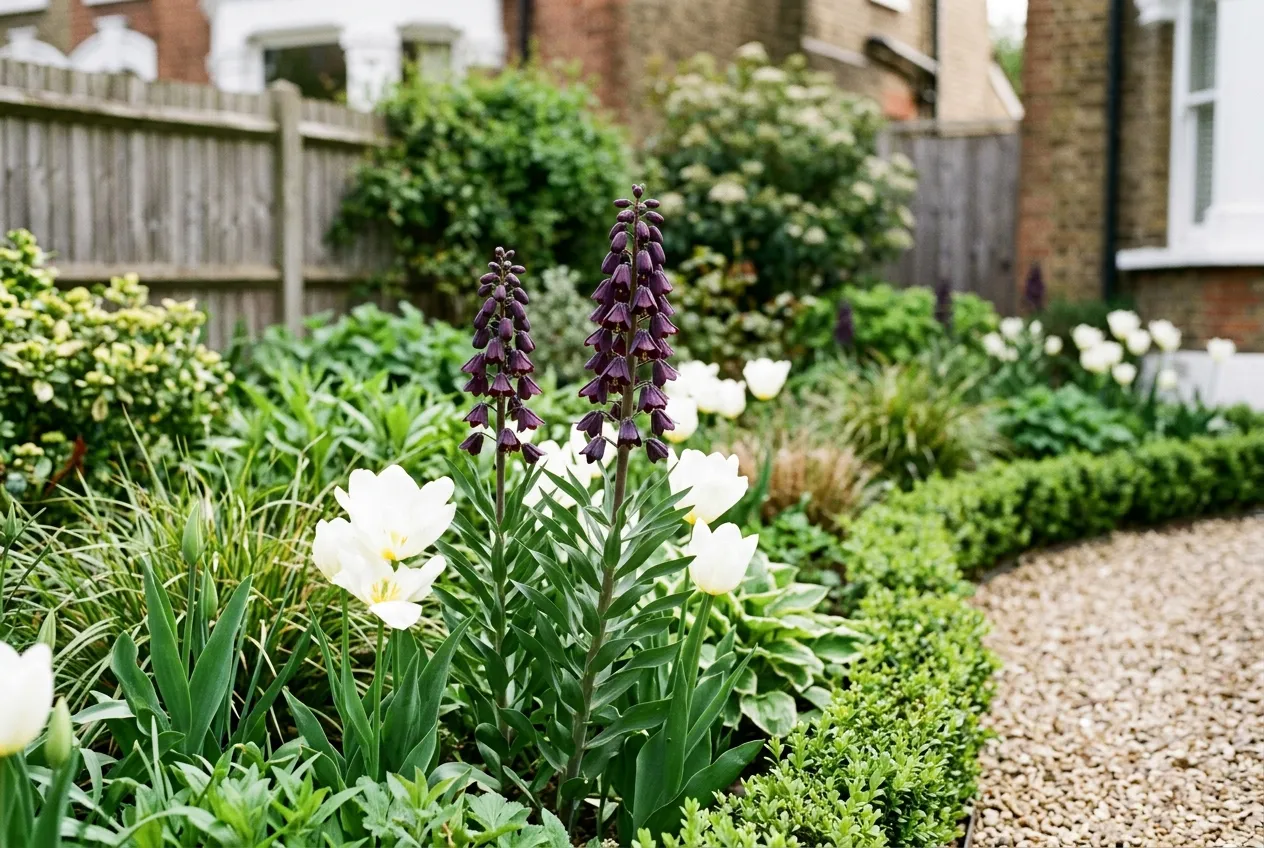 Fritillaria persica growing tall in a UK garden border with dark purple bell flowers