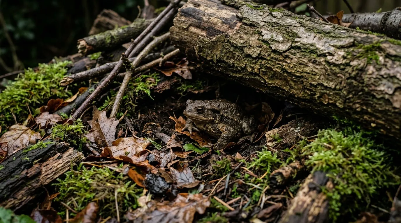 Toad sheltering under a log pile habitat in a damp corner of a UK garden