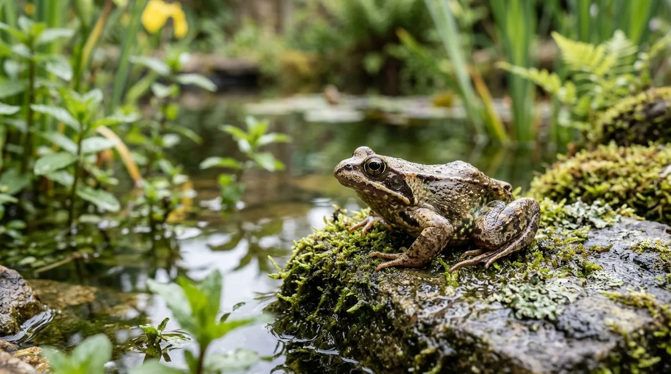 Common frog sitting on a mossy stone at the edge of a UK garden pond