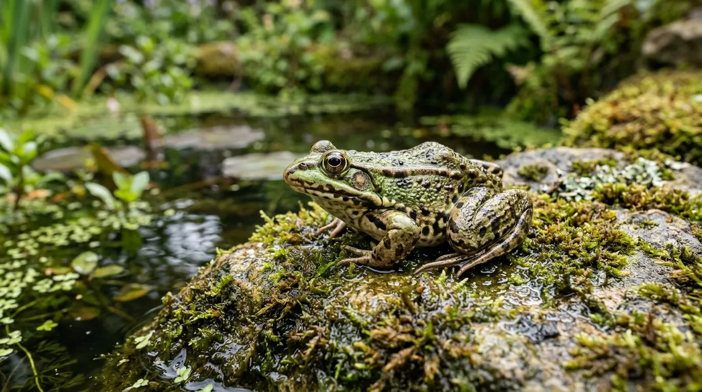Common frog sitting on a mossy stone at the edge of a garden wildlife pond among aquatic plants