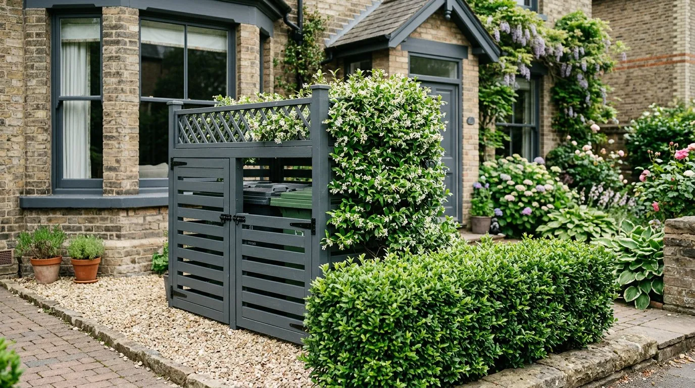 Timber bin store with trellis top and star jasmine screening wheelie bins in a UK front garden