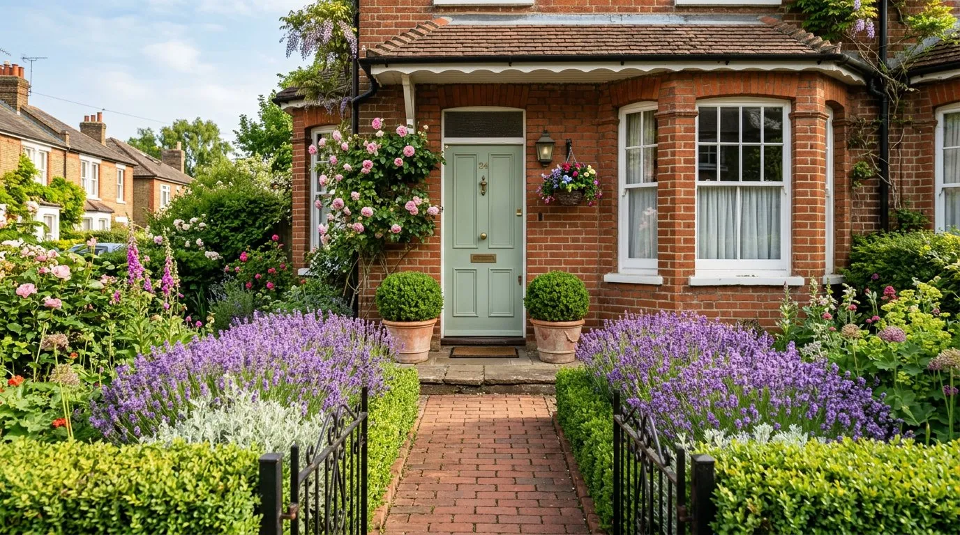 Attractive UK front garden with brick path, lavender borders, and a painted front door