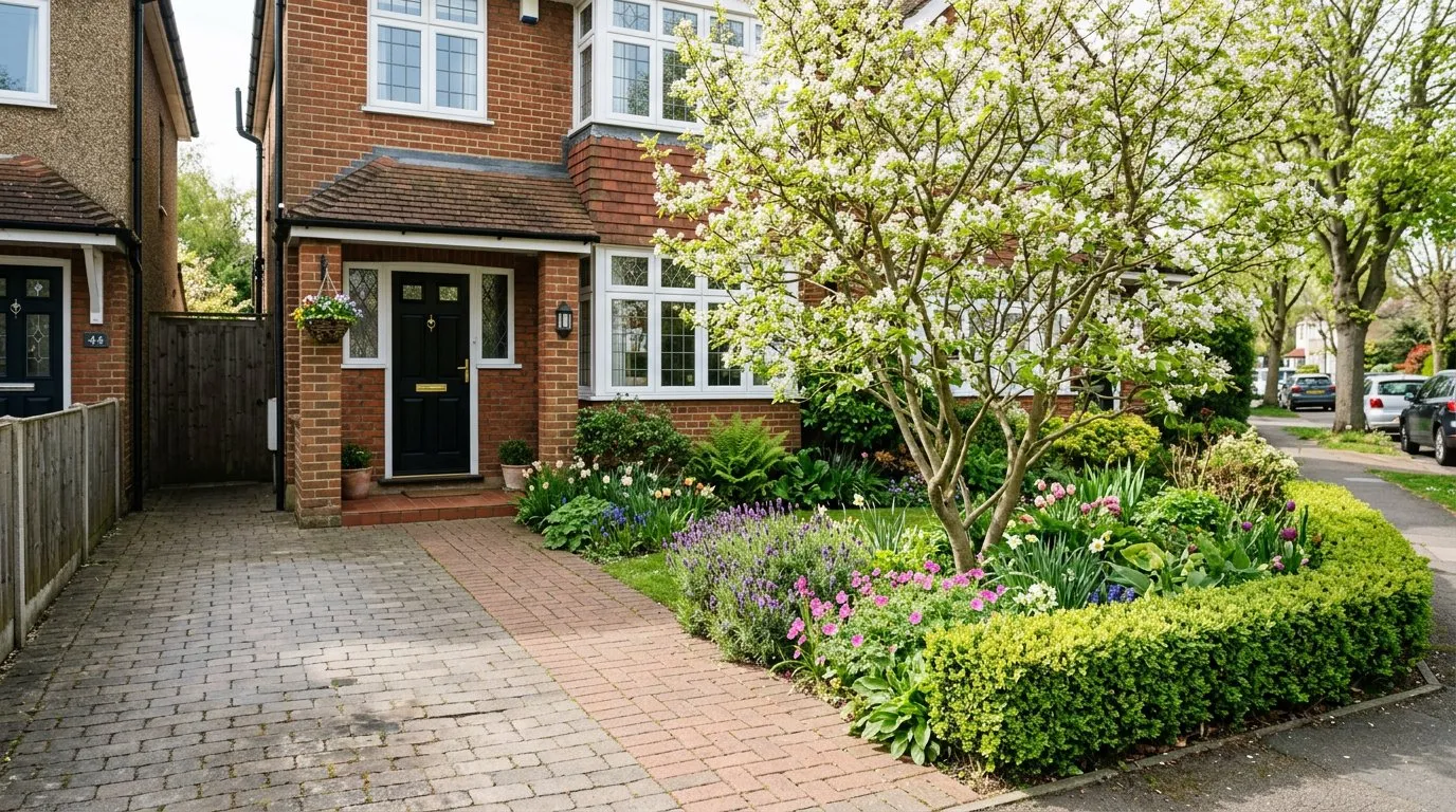 UK semi-detached front garden with multi-stem Amelanchier tree, block-paved driveway, and mixed planting borders