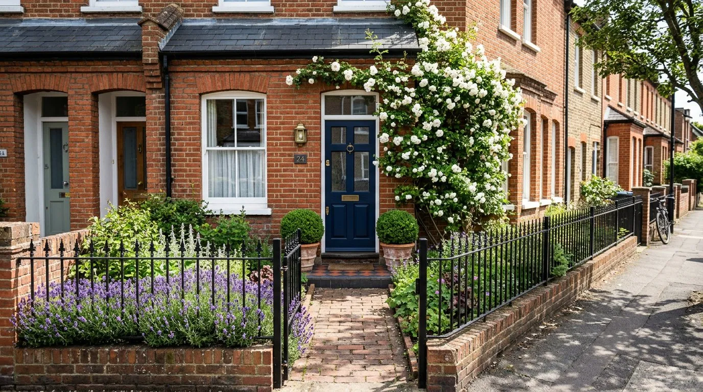 Tiny UK terraced house front garden with brick path, clipped box balls flanking a navy blue door, and white climbing rose on the wall