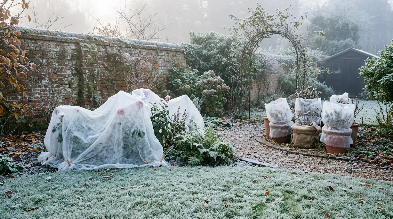 Protect plants from frost using horticultural fleece draped over tender perennials in a UK garden at dawn