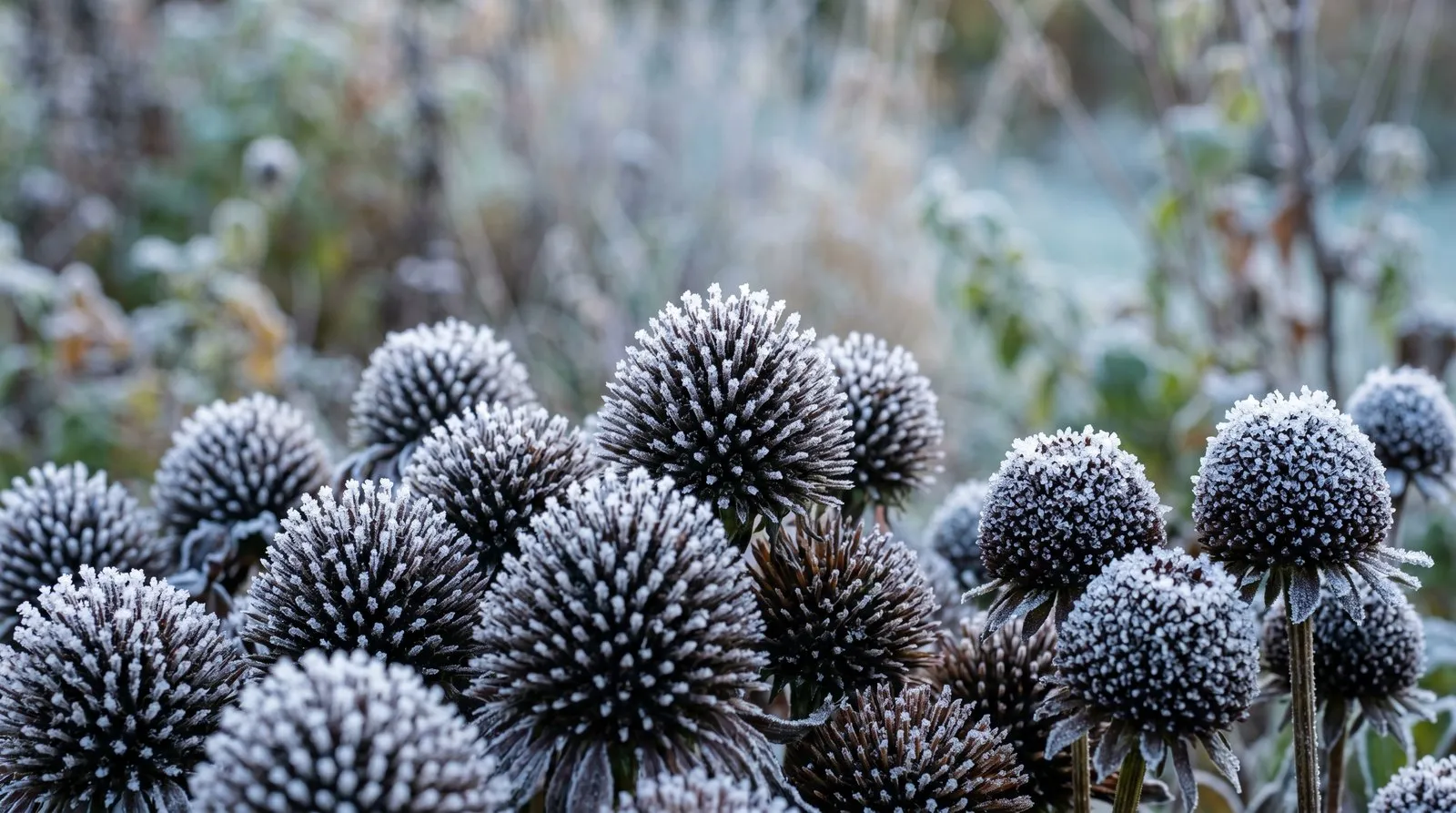Close-up of frosted echinacea and rudbeckia seedheads, their dark spiky cones rimed with white frost crystals against a soft winter background