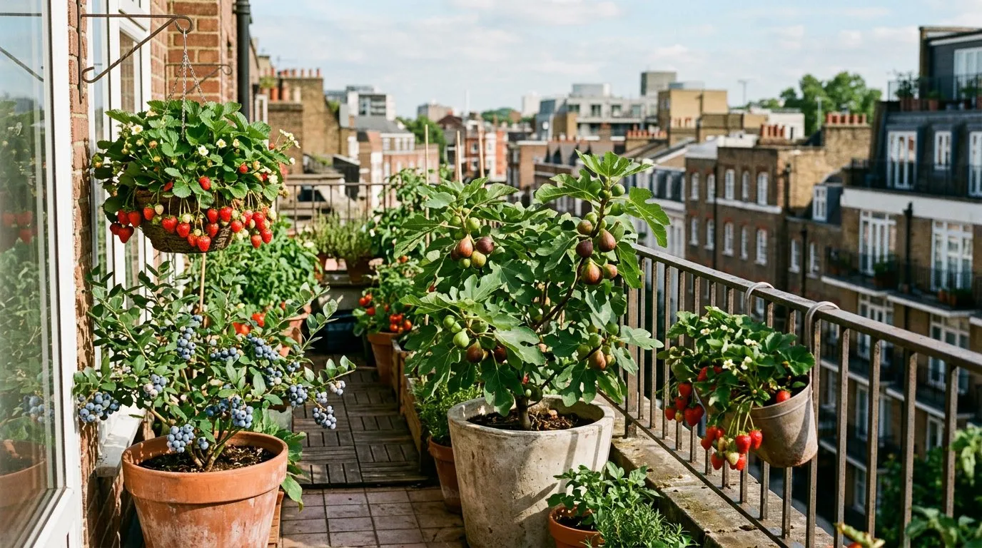 Fruit growing in containers on an urban balcony
