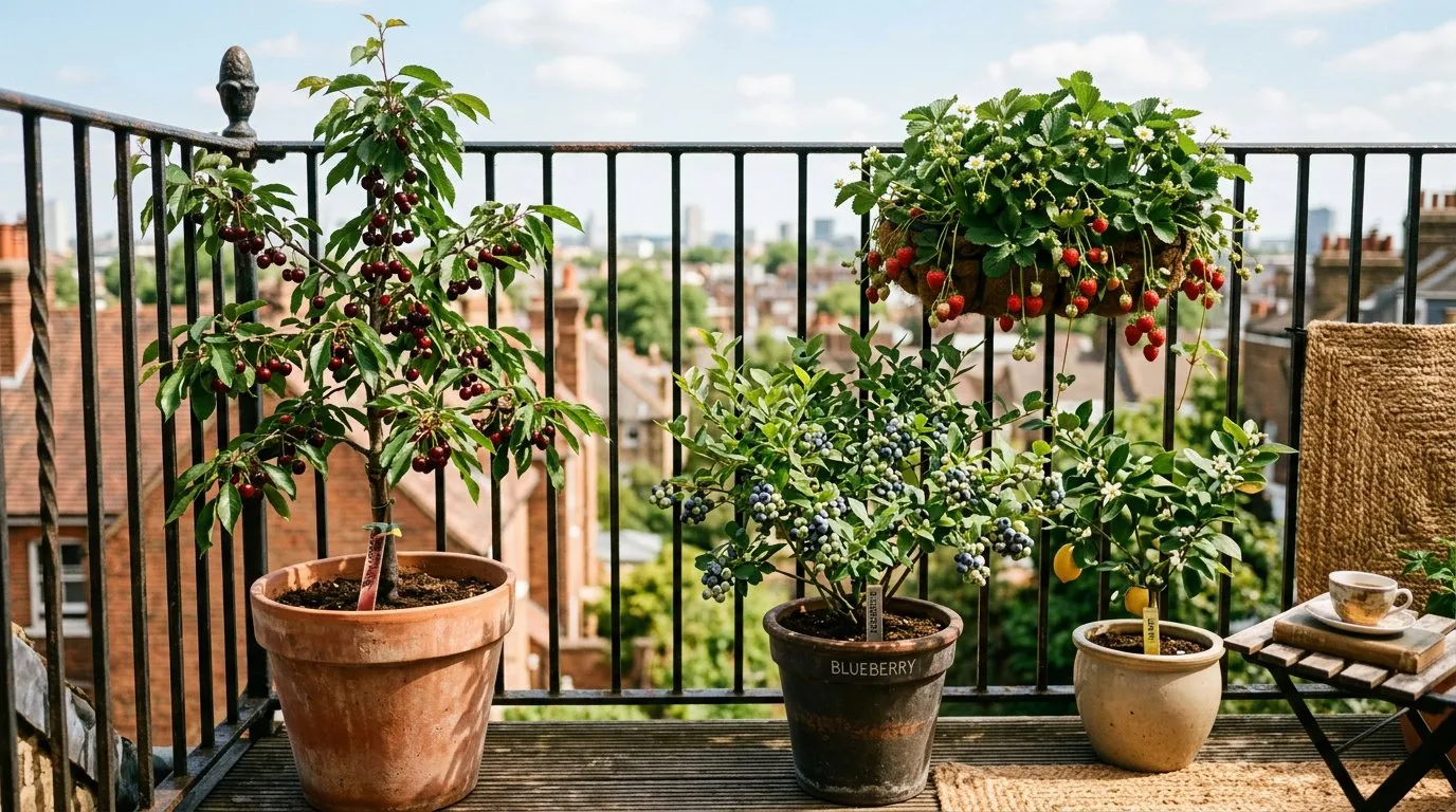 Collection of fruit plants growing in containers on an English balcony