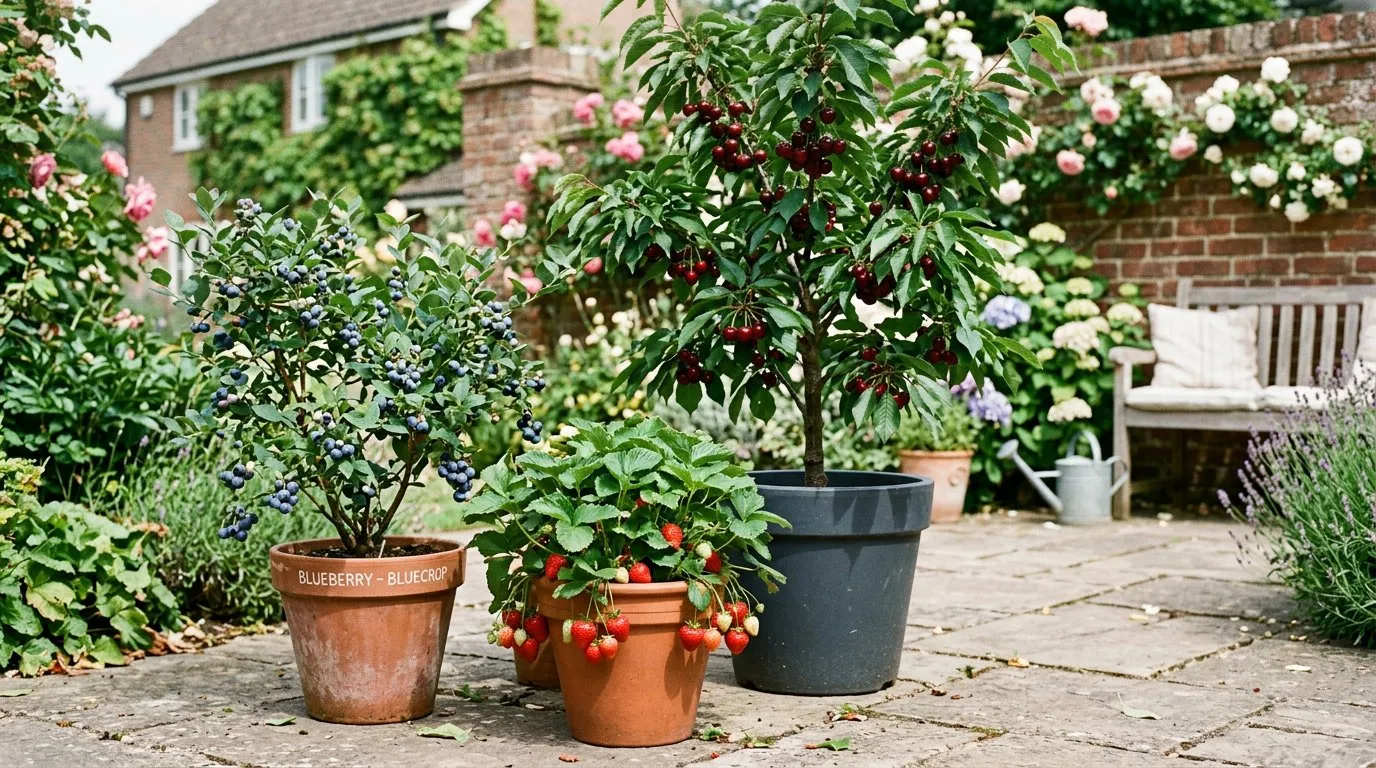 Collection of fruit plants in containers on a sunny English patio