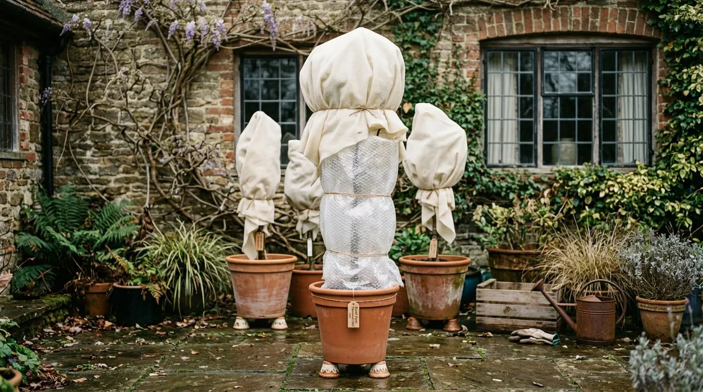 Container fruit wrapped in fleece and bubble wrap for winter