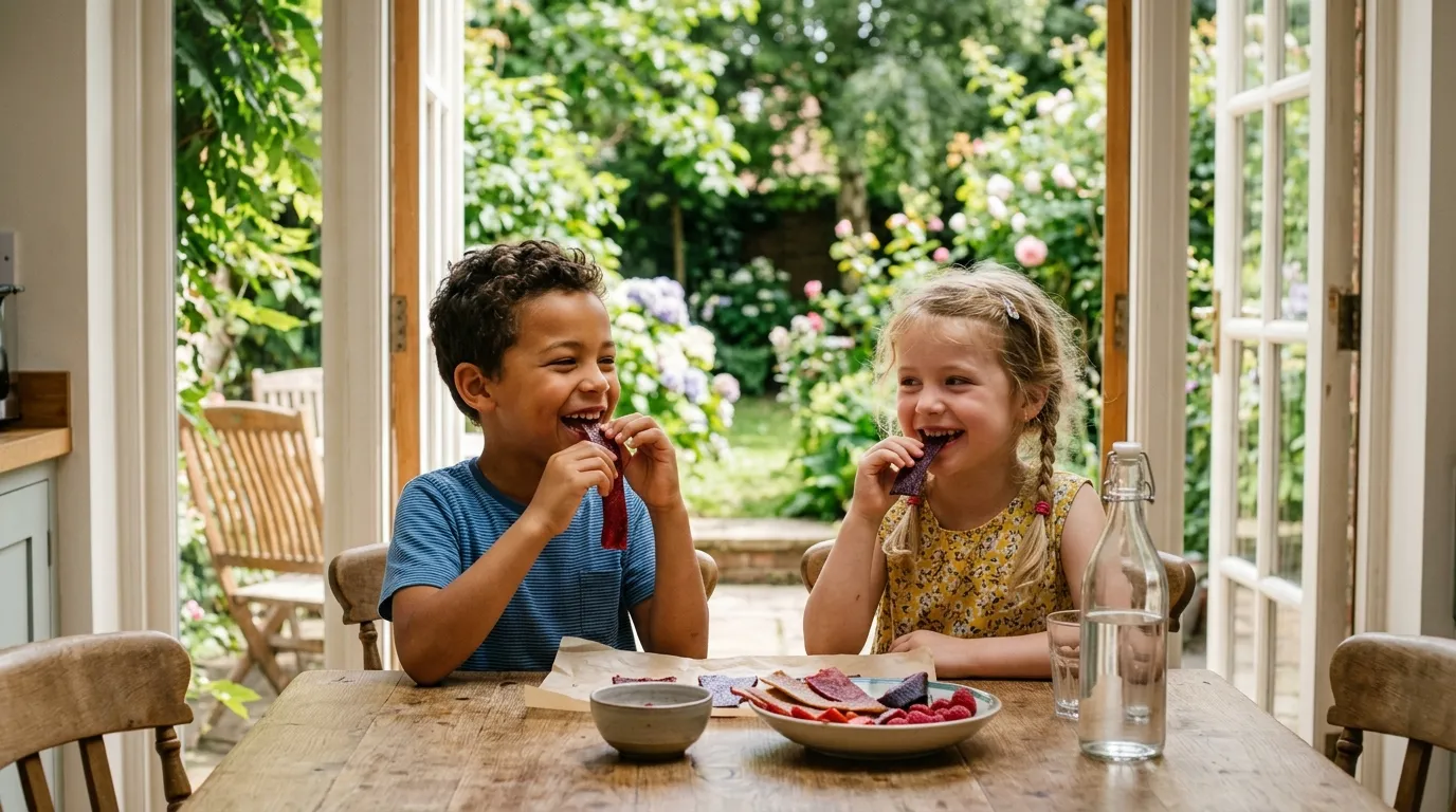 Two UK children of mixed heritage eating strips of homemade fruit leather roll-ups at a kitchen table near open garden doors