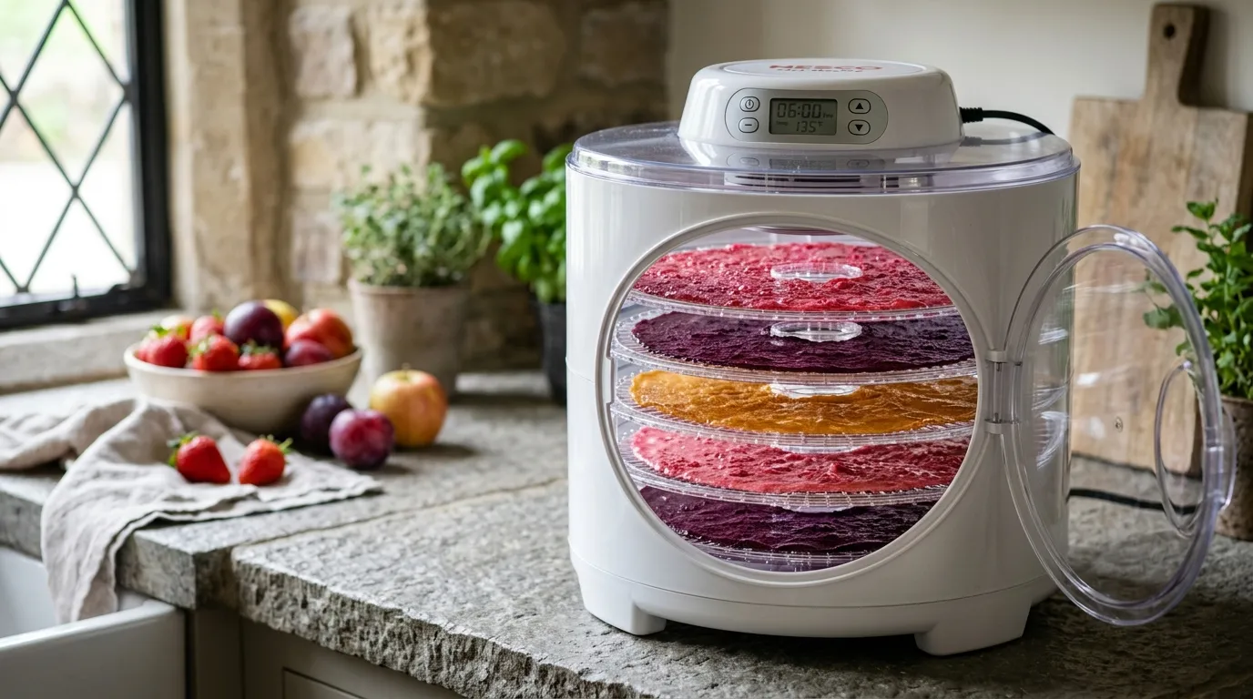 White countertop UK food dehydrator with stacked round trays of strawberry plum and apple fruit leather drying on a Yorkshire stone kitchen counter