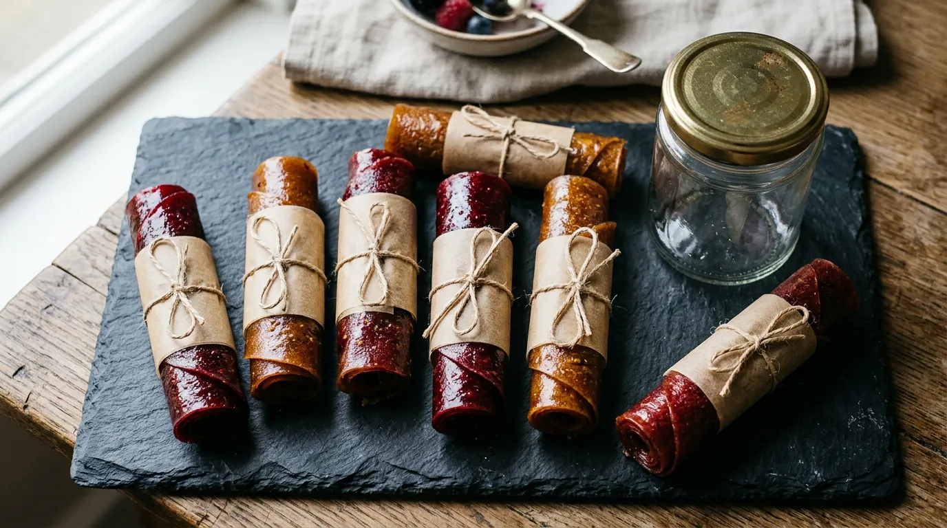 Glossy finished homemade UK fruit leather rolled into spiral strips wrapped in baking parchment ties with a glass jam jar in the background