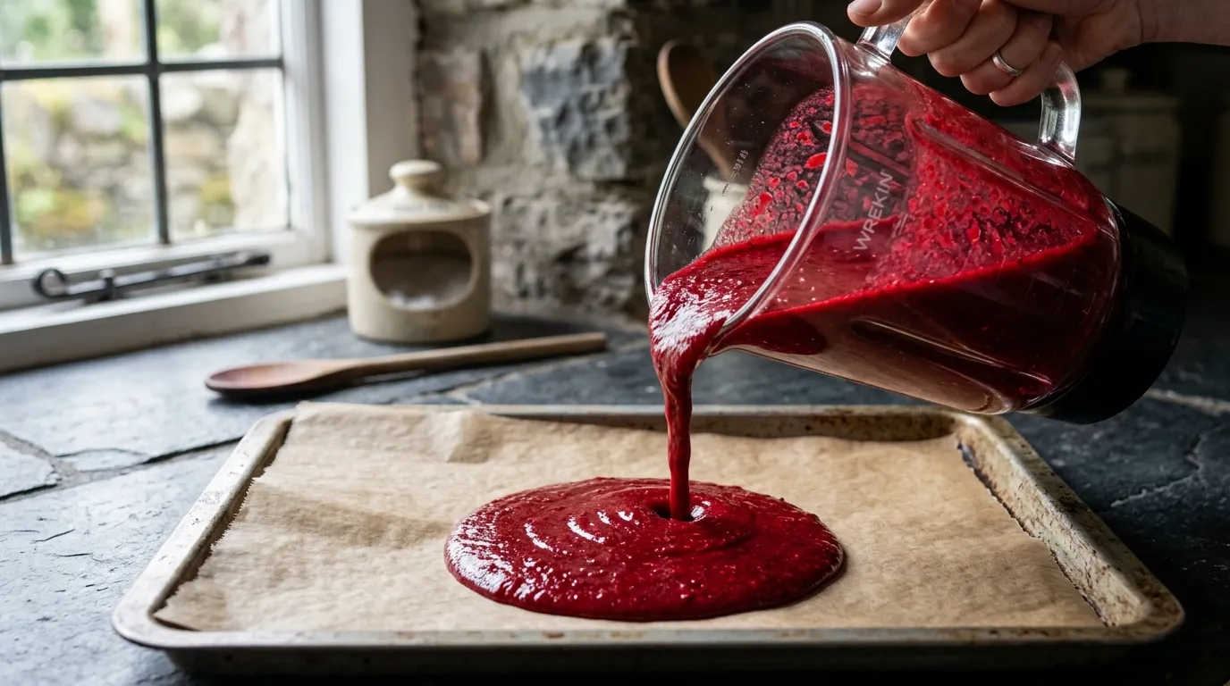 Vibrant deep red blended UK fruit puree poured from a glass blender onto a parchment-lined baking tray for fruit leather
