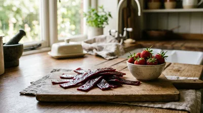 Strips of homemade UK fruit leather cut from a deep red sheet beside a bowl of fresh garden strawberries on a Staffordshire farmhouse kitchen worktop