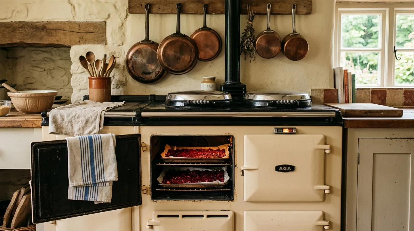 Cream-coloured Aga in a Devon farmhouse kitchen with door propped open showing two trays of UK fruit leather drying at low temperature