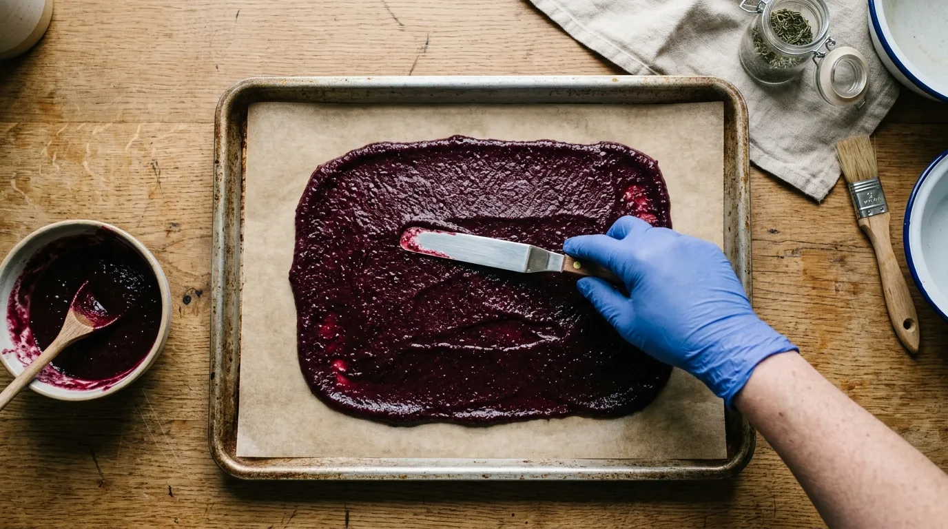 Gloved hand smoothing deep purple plum and blackberry fruit puree to 3mm thickness on baking parchment with a palette knife for UK fruit leather